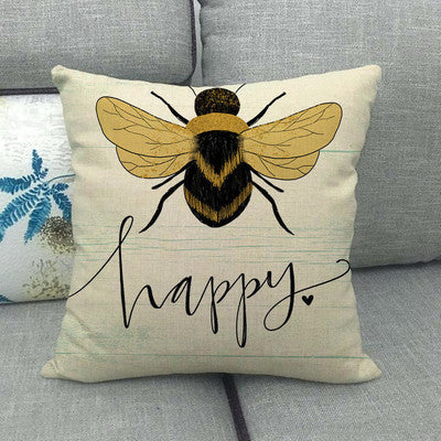 Little Bee Pattern Printed Linen Pillow Cover