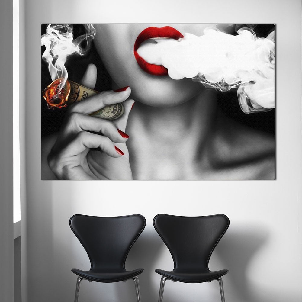 Vintage Wall Art of Woman with Red Lips Smoking