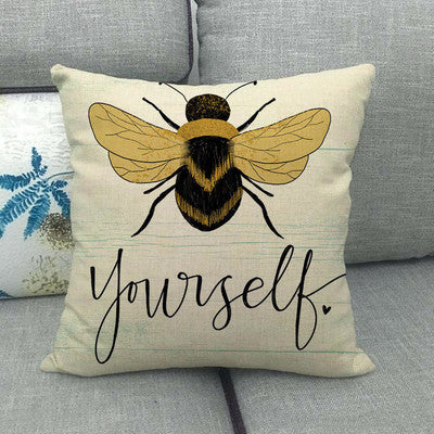 Little Bee Pattern Printed Linen Pillow Cover
