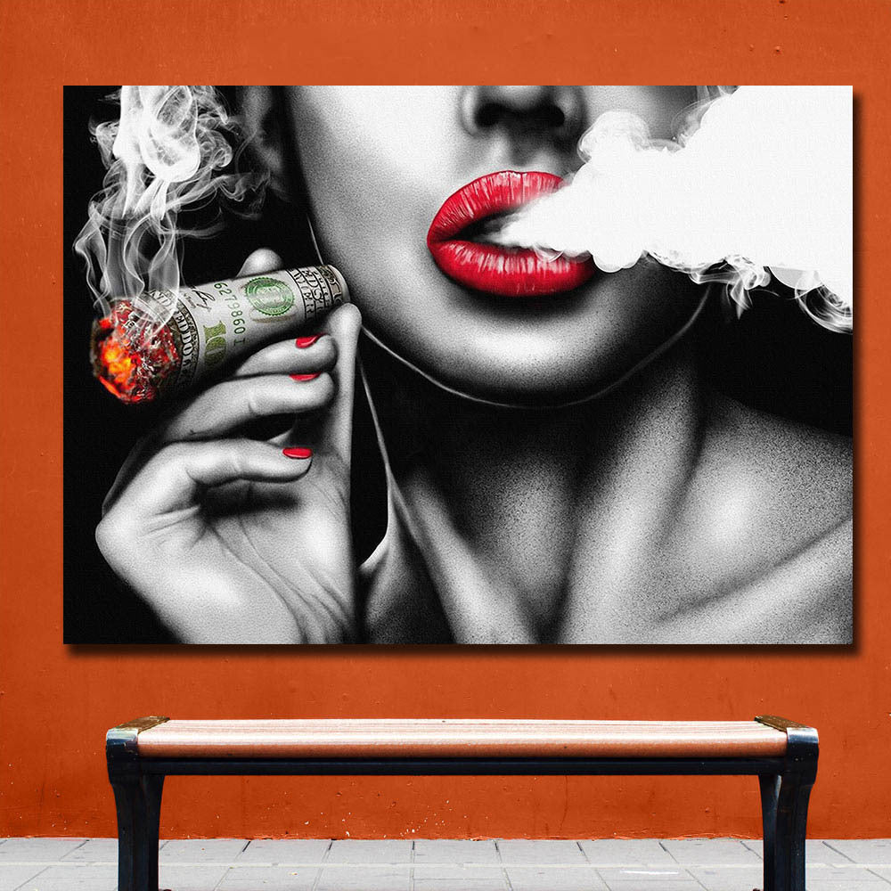 Vintage Wall Art of Woman with Red Lips Smoking