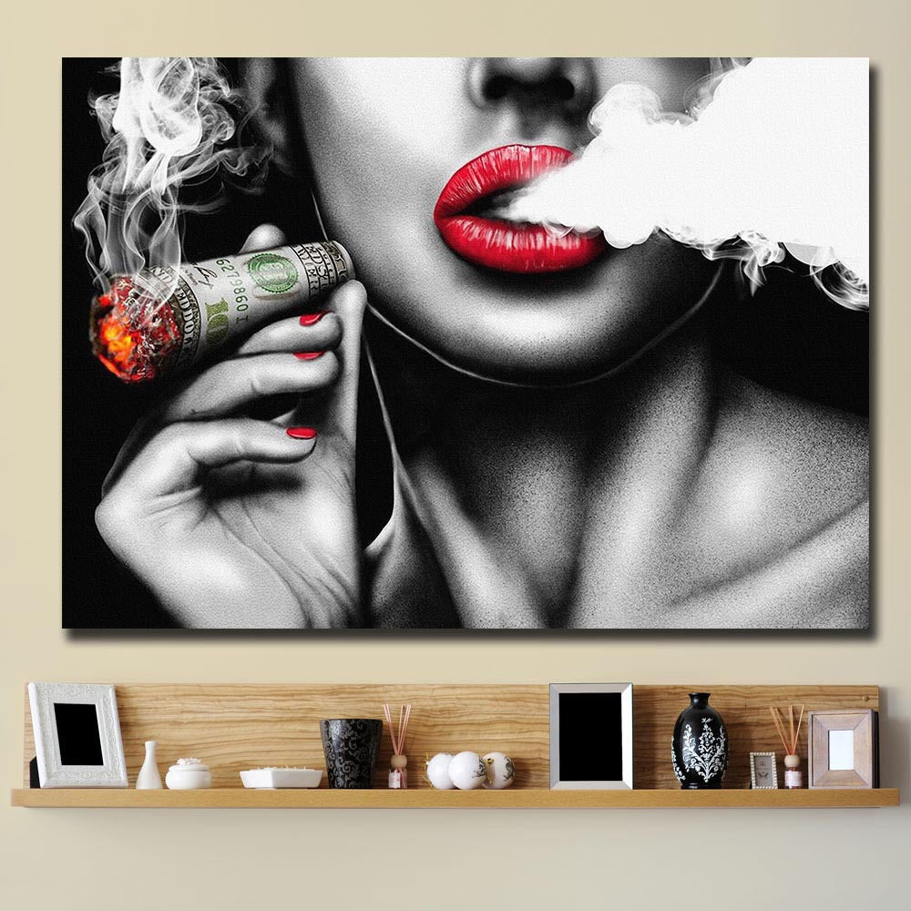 Vintage Wall Art of Woman with Red Lips Smoking