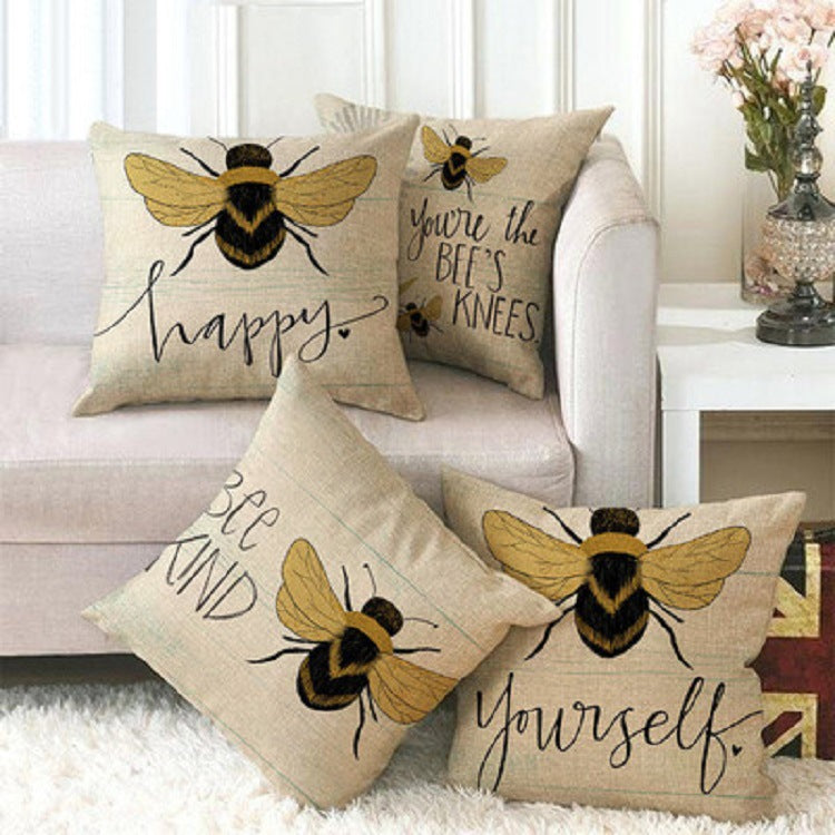 Little Bee Pattern Printed Linen Pillow Cover